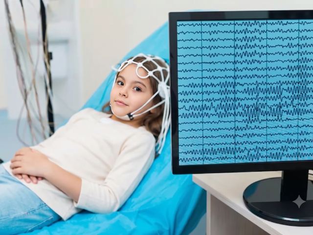 Criança realizando exame de Eletroencefalograma (EEG) digital com mapeamento cerebral — clínica de EEG infantil em Ipanema, Rio de Janeiro